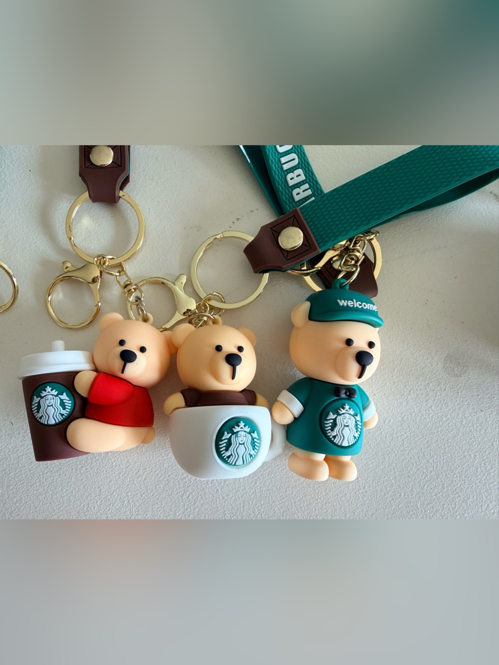 Starbucks Kids Bear Keychain Trio with Green and Red Accents